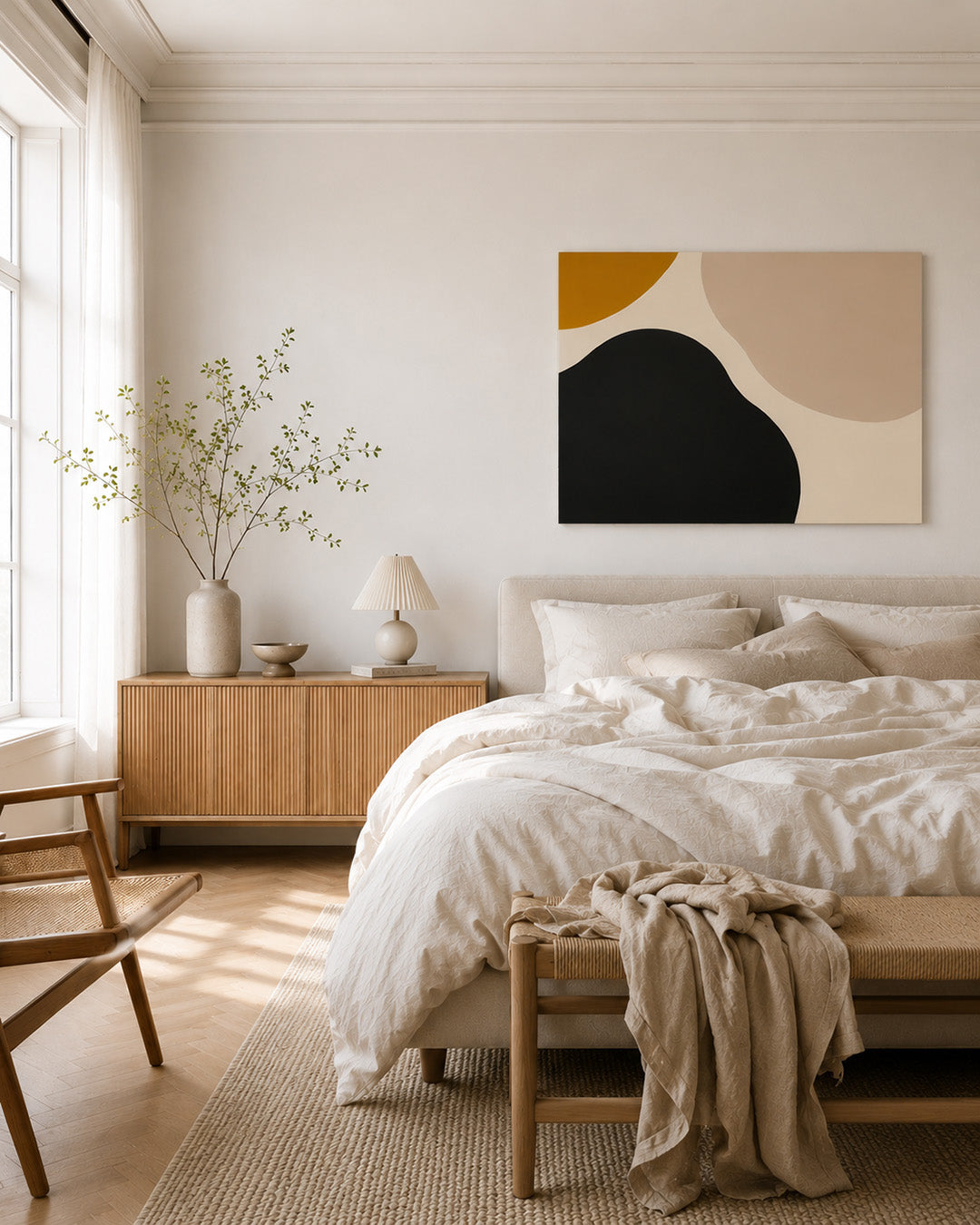 Neutral abstract poster above cozy modern bedroom with warm beige decor