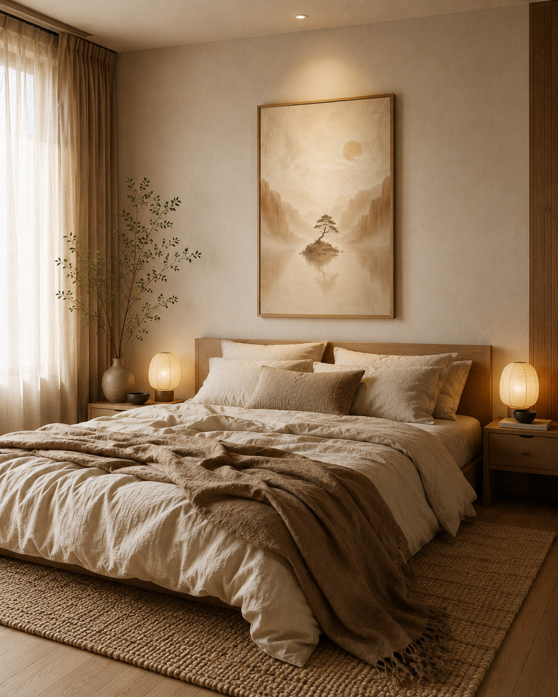 Minimalist Japanese wall art centered above a cozy bed in a warm Scandinavian-inspired bedroom.