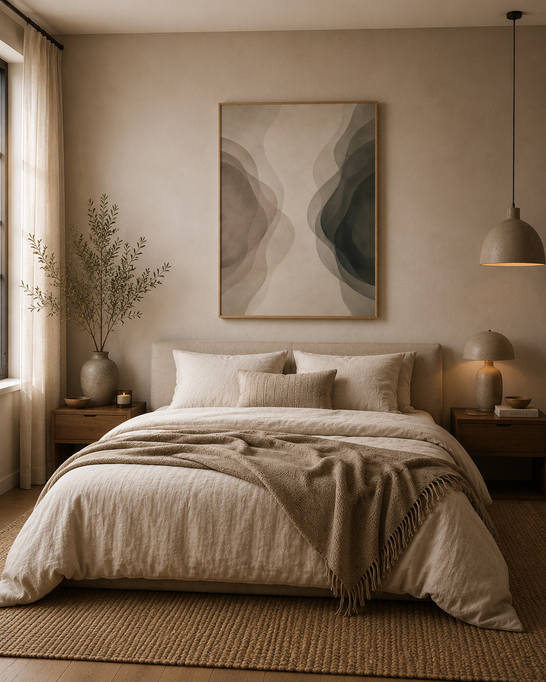 Abstract neutral wall art poster hanging above a bed in a warm minimalist bedroom.