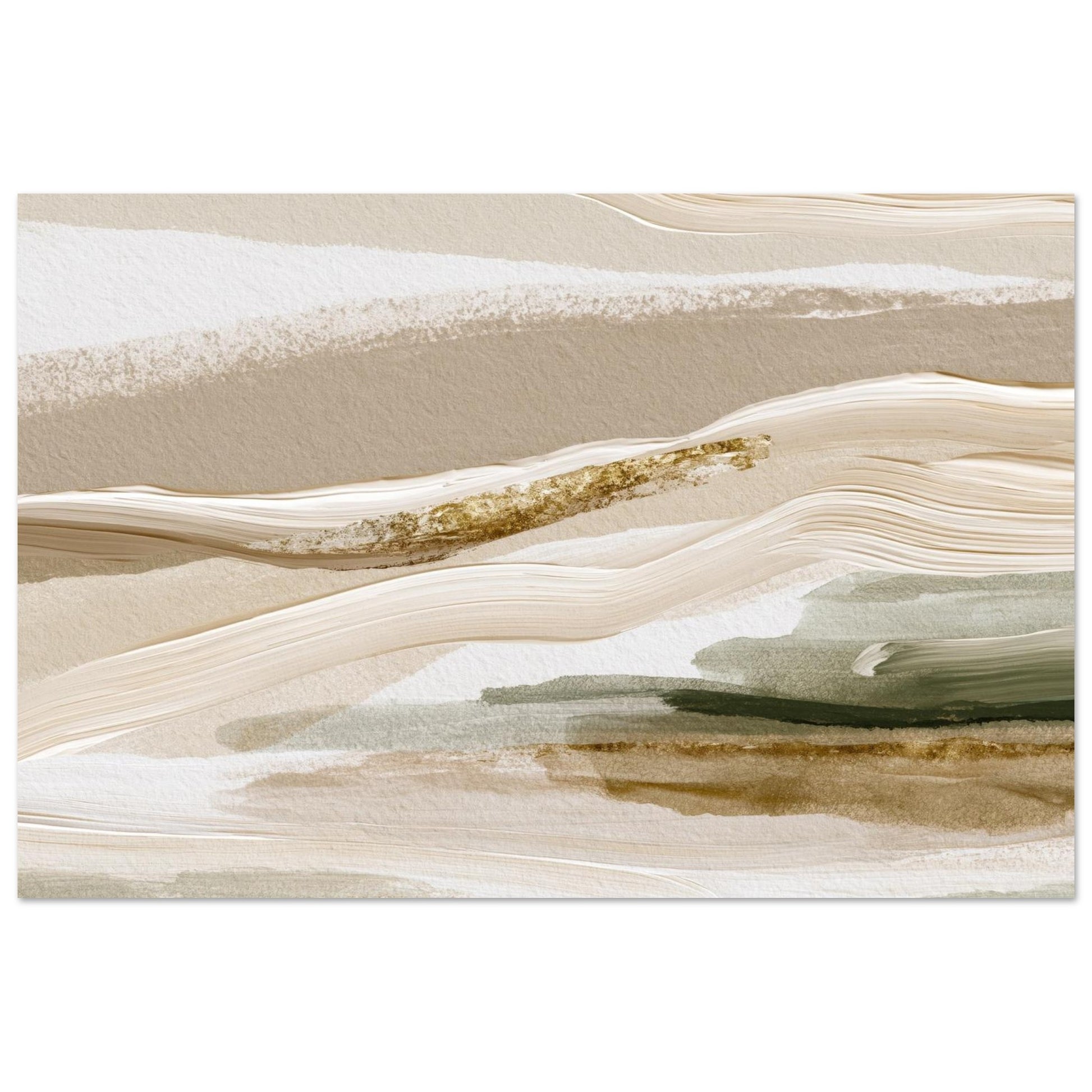Neutral beige abstract landscape wall art with soft ivory, taupe, olive green, and flowing organic textures.