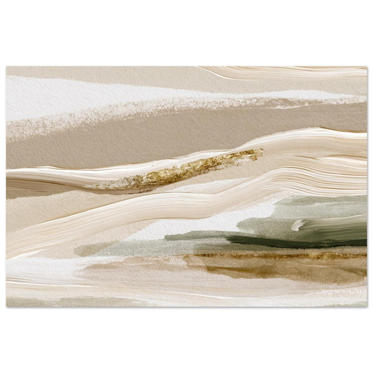 Neutral beige abstract landscape wall art with soft ivory, taupe, olive green, and flowing organic textures.