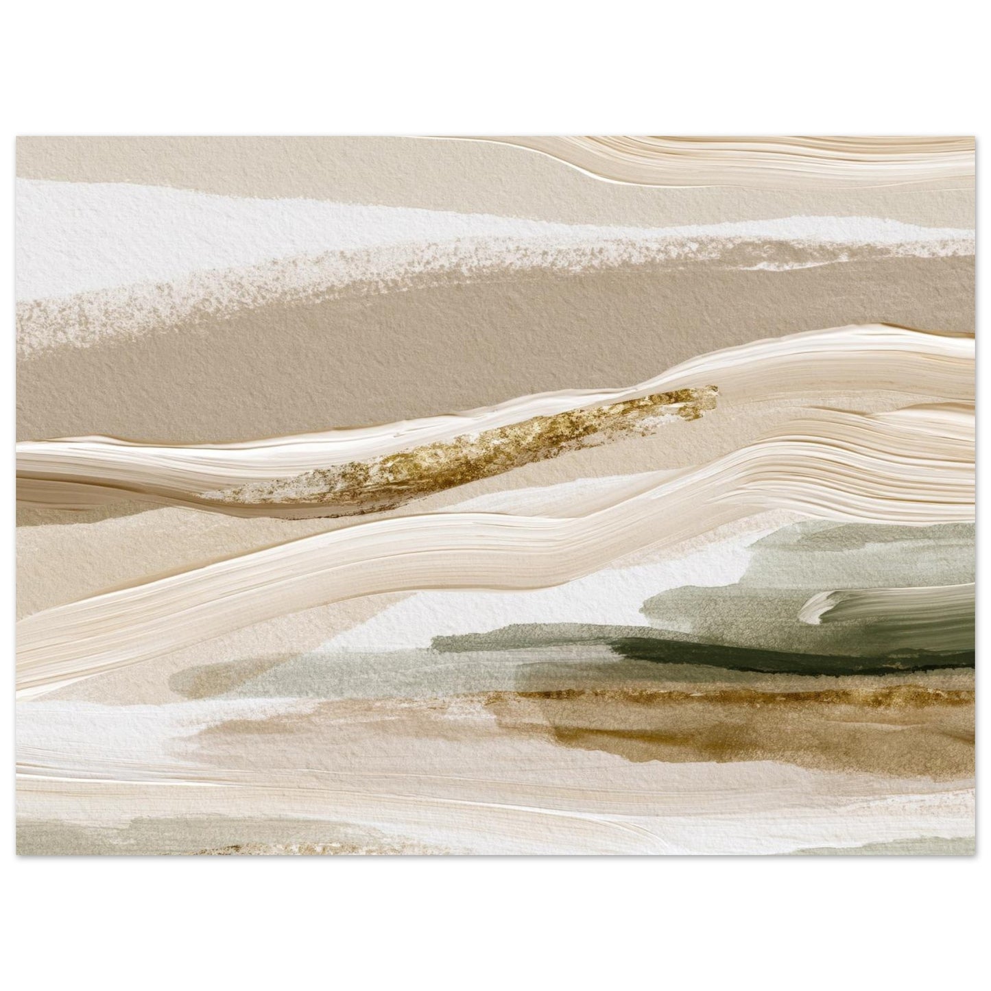Detailed view of abstract beige wall art with soft olive green accents and flowing brushstrokes.