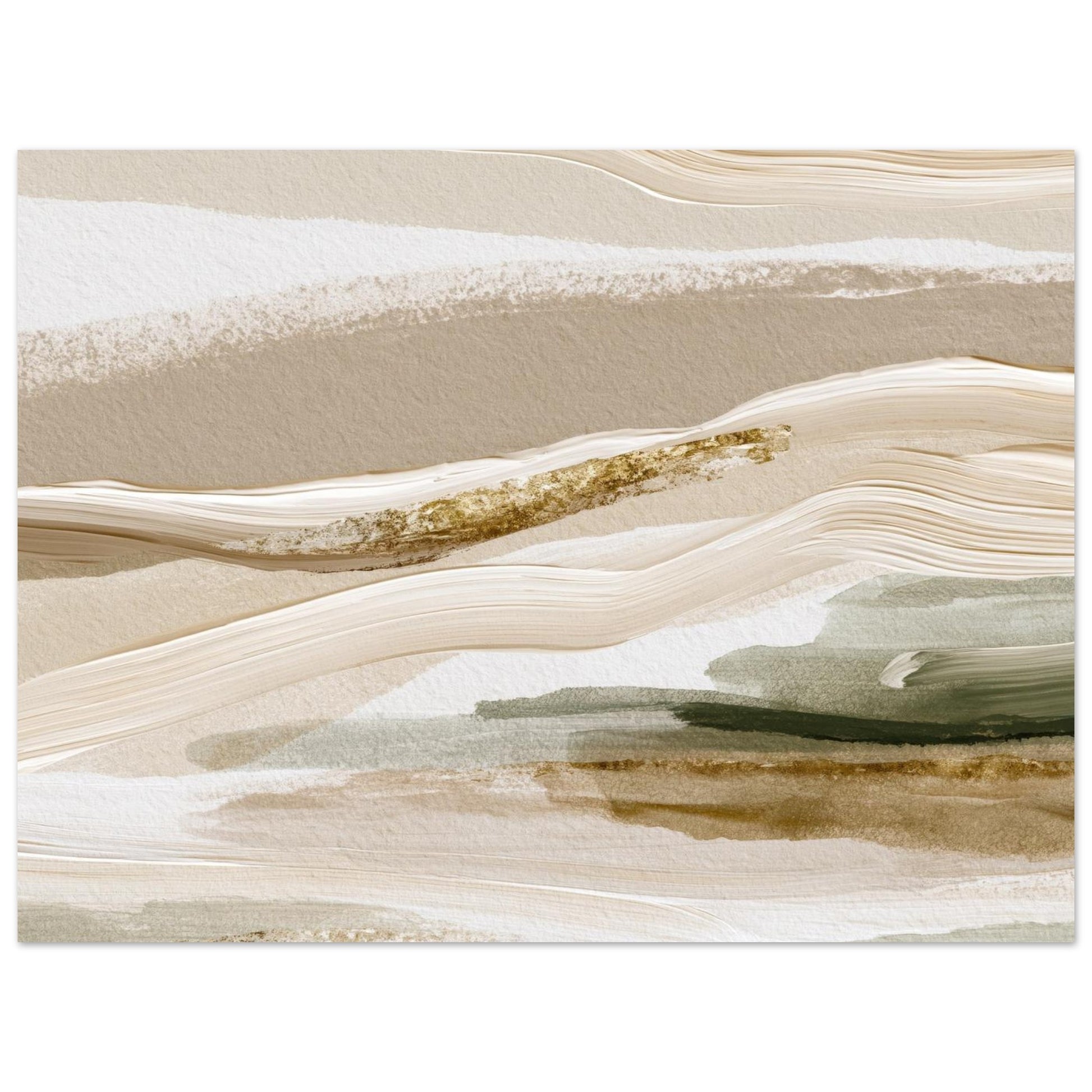 Detailed view of abstract beige wall art with soft olive green accents and flowing brushstrokes.