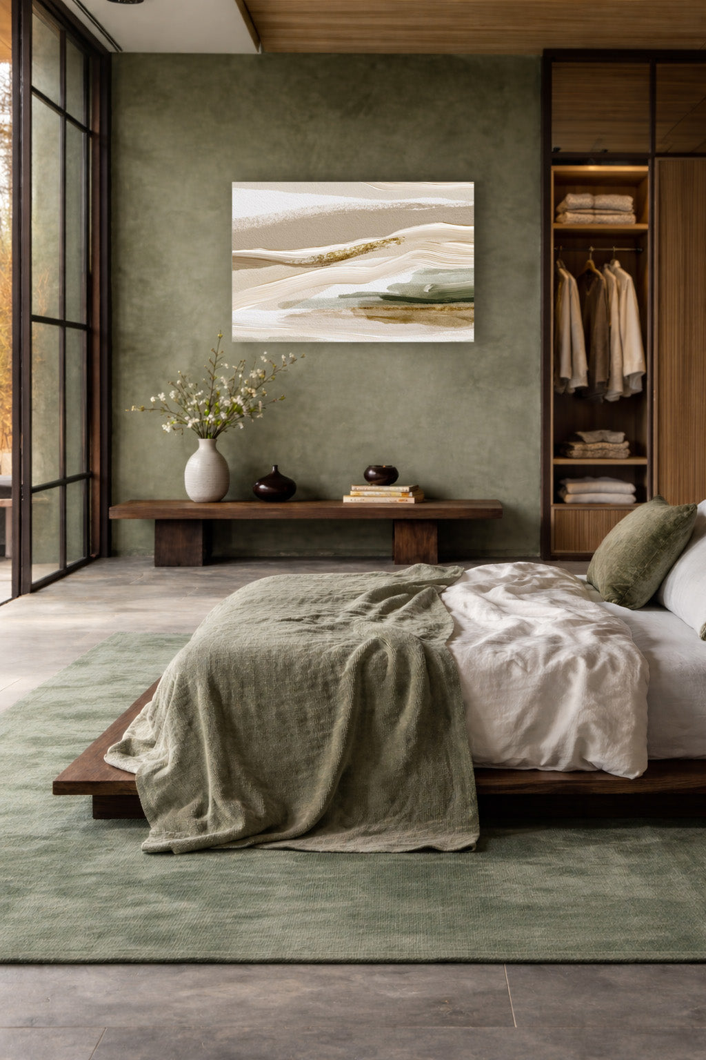 Neutral beige abstract landscape wall art above a bed in a cozy contemporary bedroom with earthy decor.