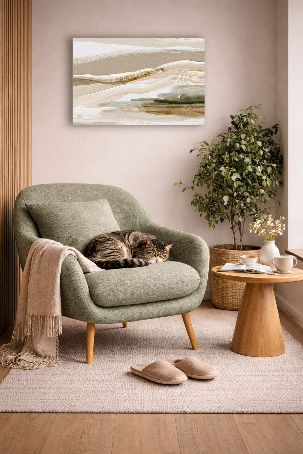 Neutral beige abstract landscape wall art displayed above a green armchair in a cozy modern reading nook.