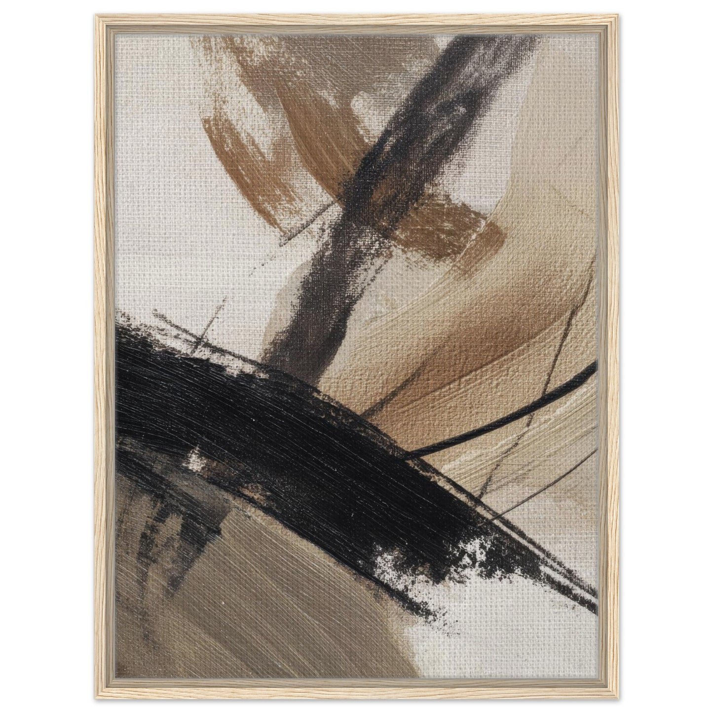 Neutral black and brown abstract framed canvas wall art with textured brushstrokes