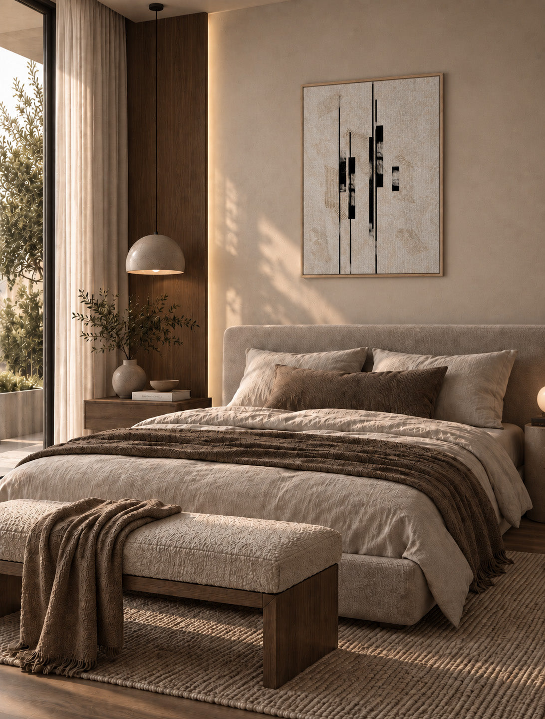 Neutral and black abstract wall art displayed above a bed in a modern bedroom