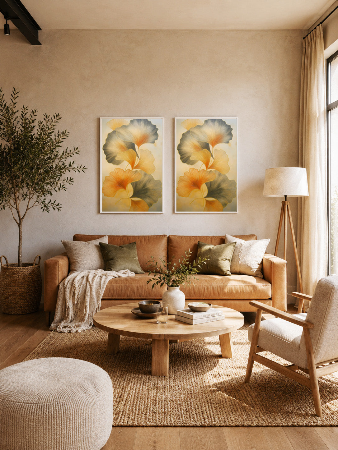 Warm Scandinavian living room with two botanical floral wall art prints in white wooden frames above a tan sofa, styled with natural textures and soft neutral decor.