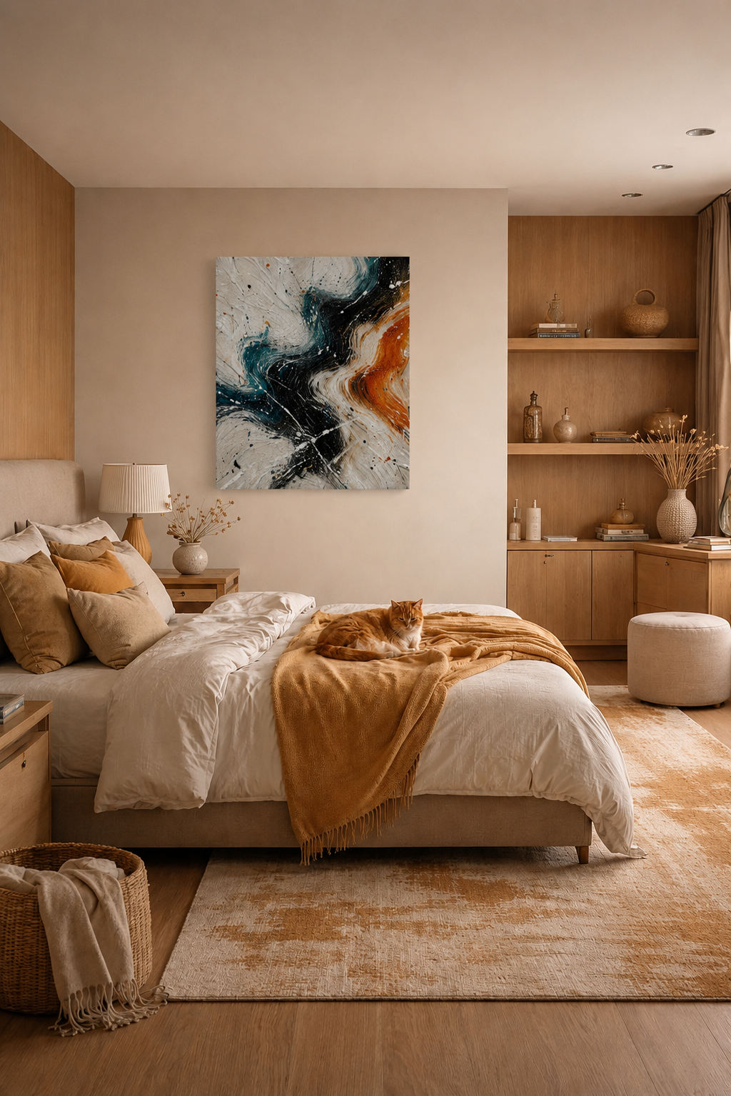 Abstract teal and burnt orange canvas wall art displayed above a cozy bed in a warm neutral bedroom with soft textiles and wooden shelving.