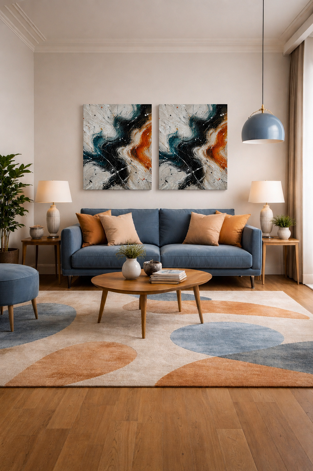 Abstract teal and burnt orange canvas wall art set displayed above a blue sofa in a bright modern Scandinavian living room with neutral decor and geometric rug.