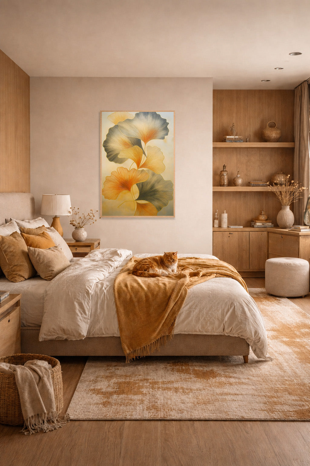 Cozy beige bedroom featuring a large botanical wall art print in a white wooden frame above the bed with warm wood shelving and soft neutral accents.