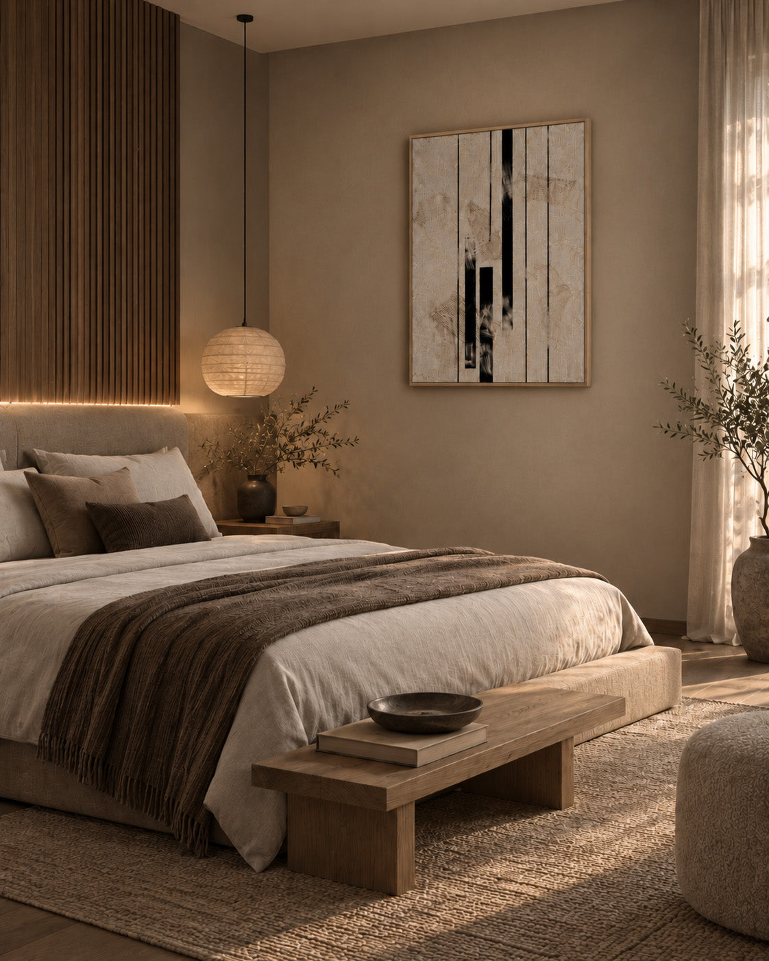 Neutral geometric wall art above bed in a warm Scandinavian bedroom