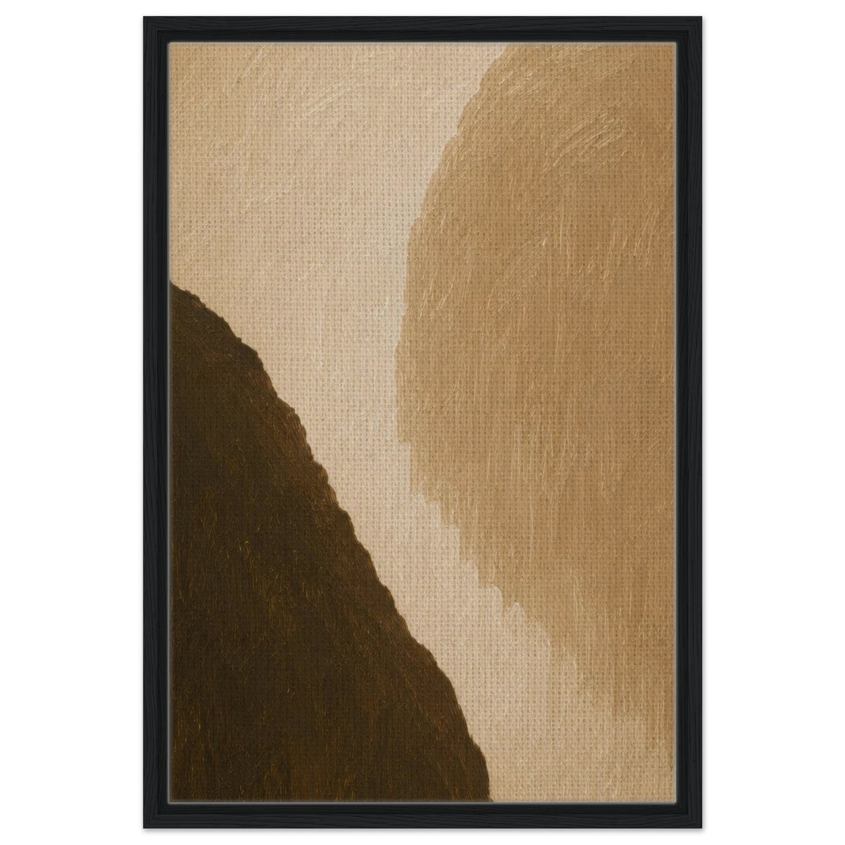 Neutral geometric print featuring cream tan and deep brown shapes in black frame