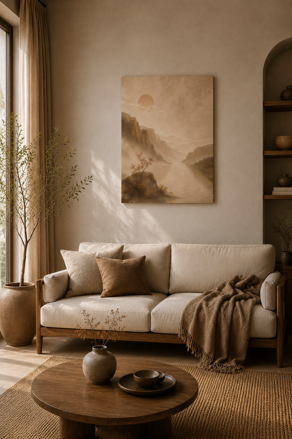 Beige landscape canvas displayed in a warm Japandi living room with natural textures.