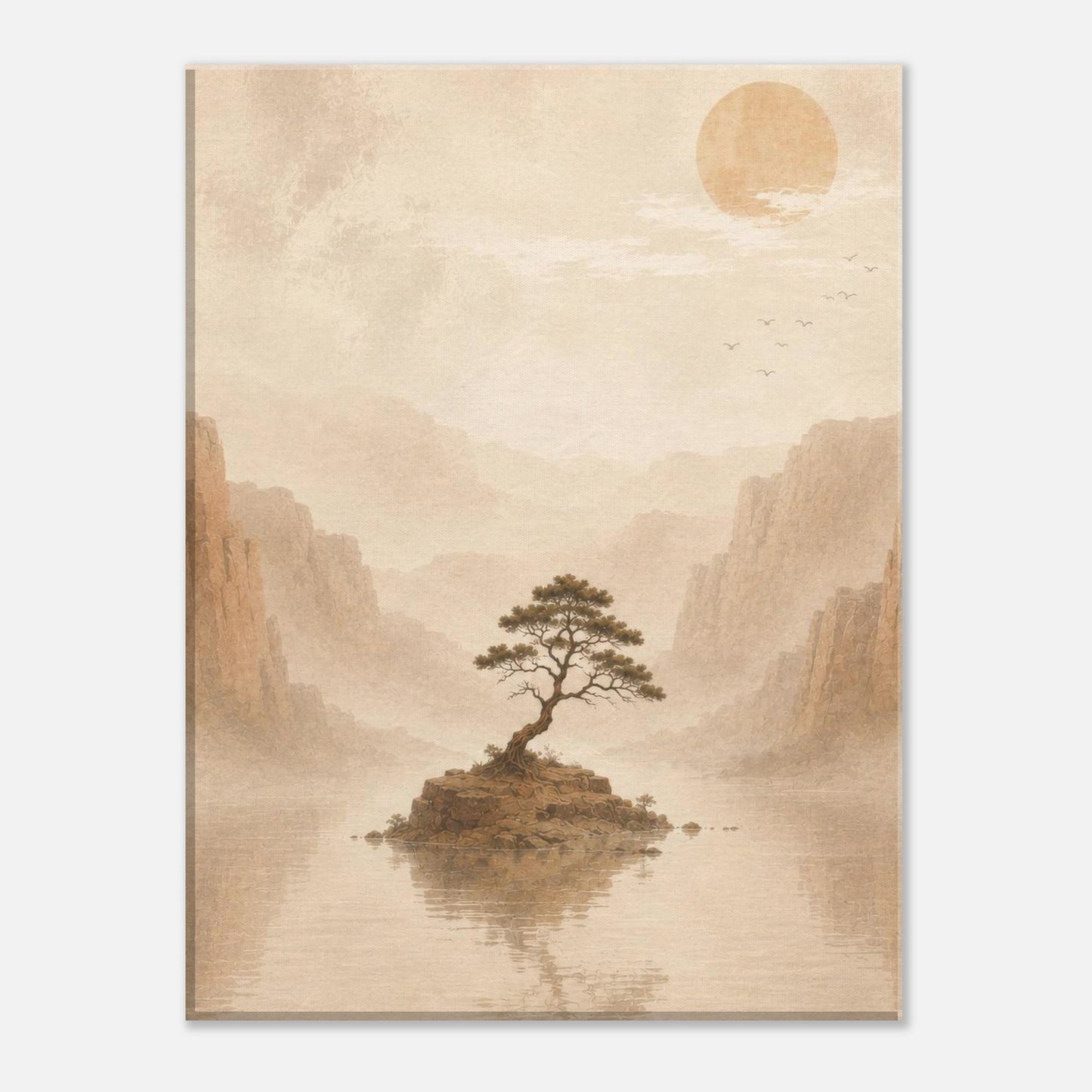 Japanese-inspired landscape canvas with a lone tree, mountains and soft earth tones.