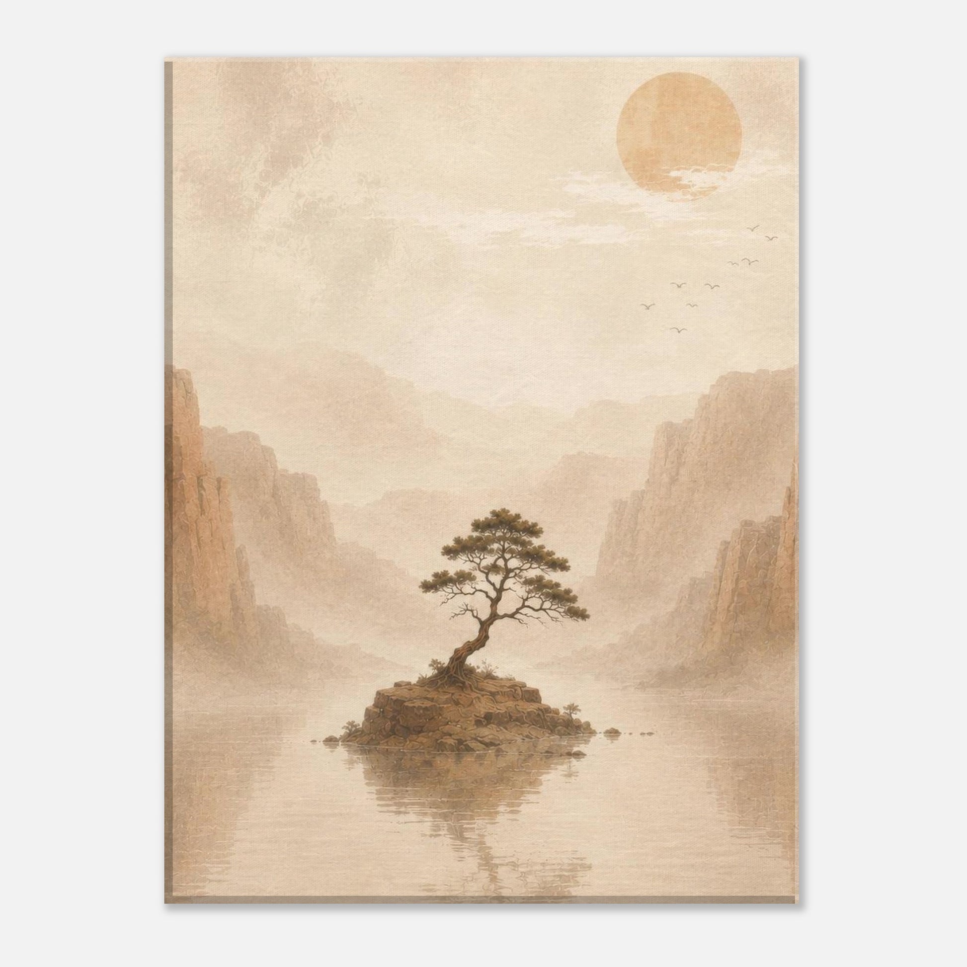 Japanese-inspired landscape canvas with a lone tree, mountains and soft earth tones.
