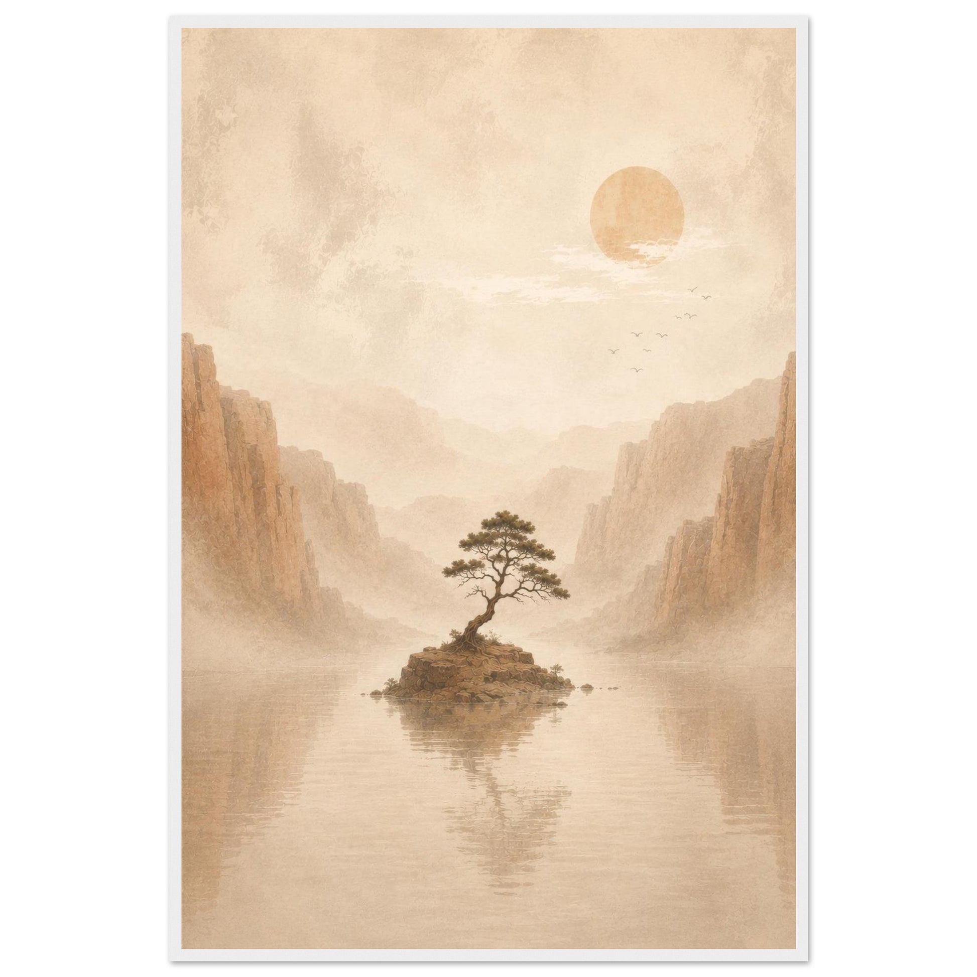 Neutral Japanese landscape print with a solitary tree reflected in peaceful water and warm earthy tones.