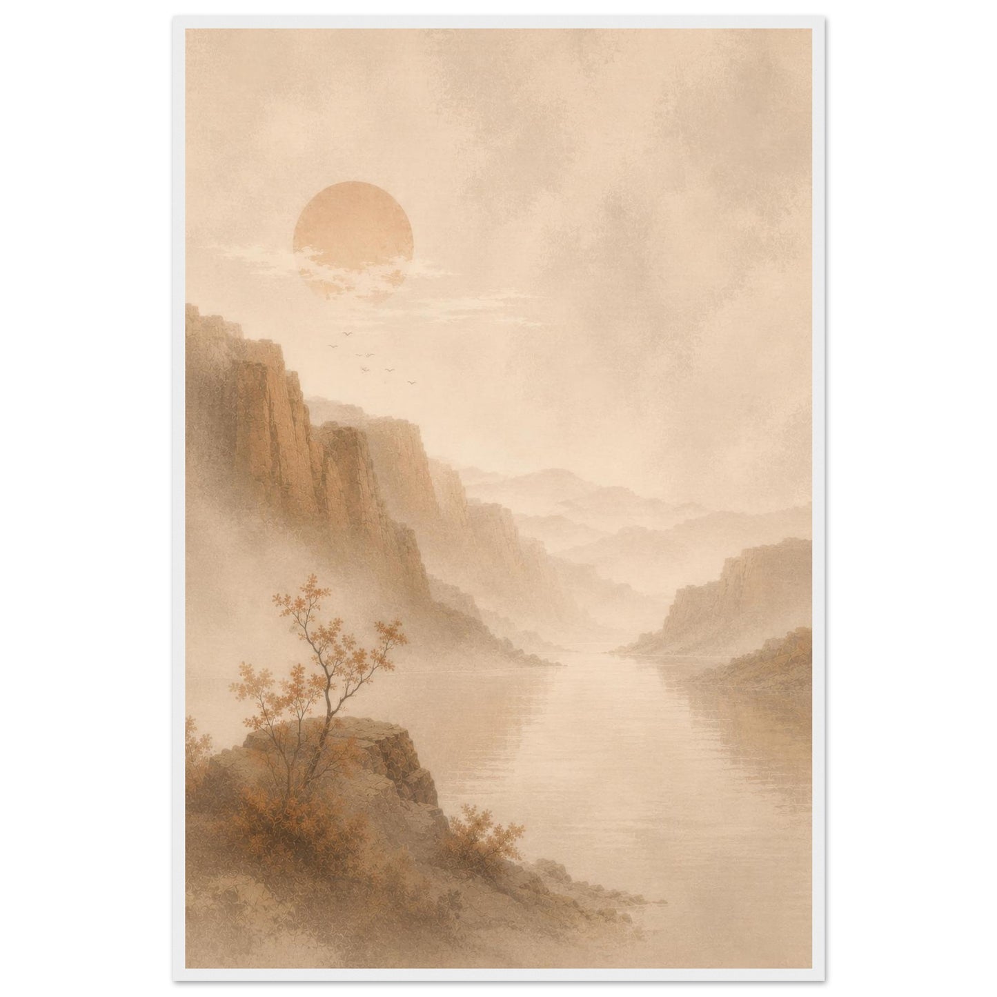 Japanese landscape print with soft misty mountains, peaceful water and earthy neutral colors.