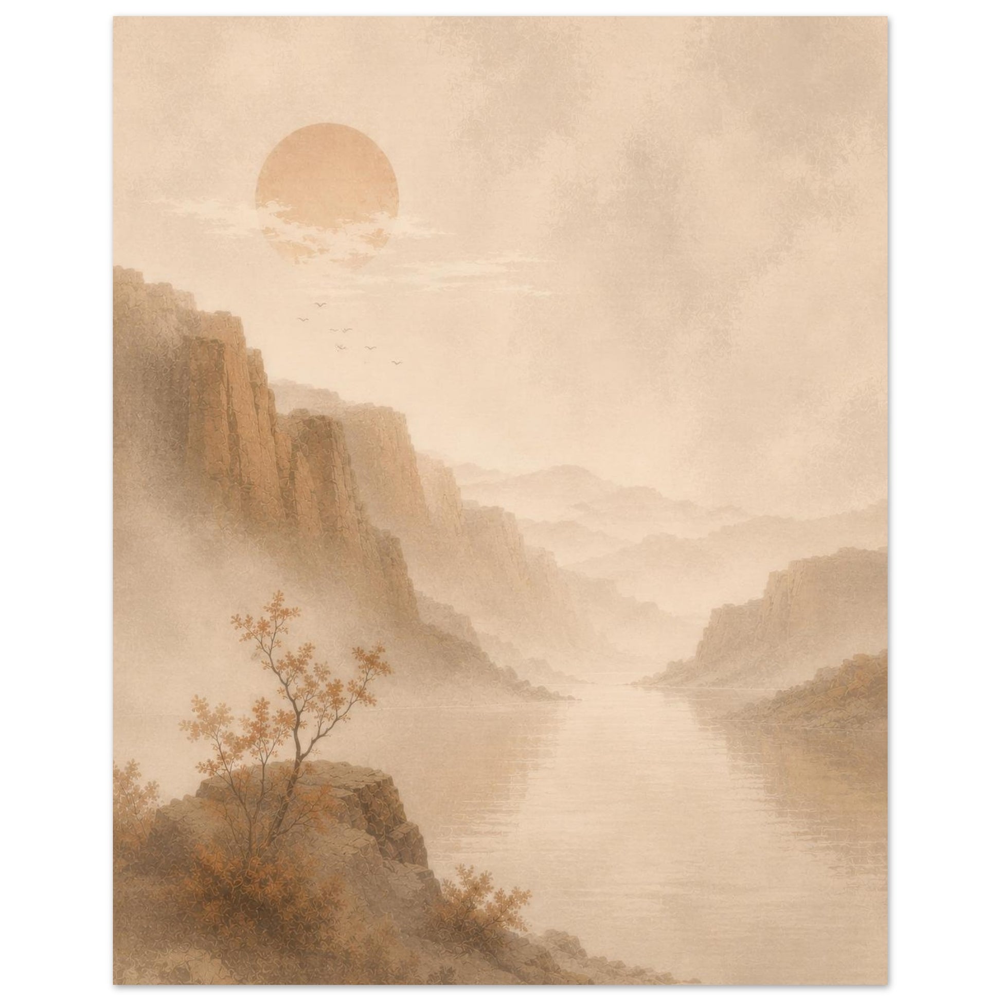 Minimalist Japanese wall art with a peaceful river, distant mountains and soft earth-toned colors.