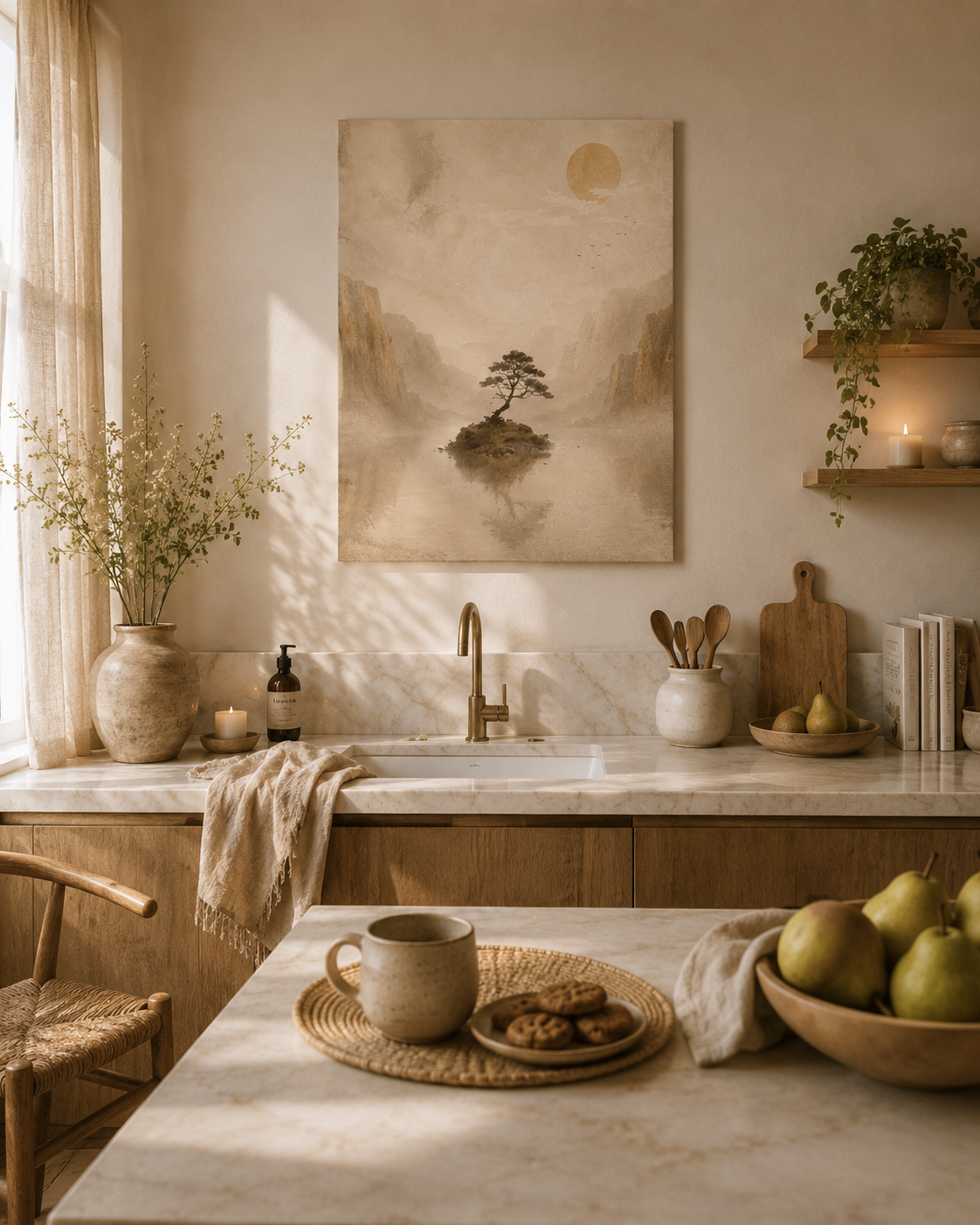 Minimalist landscape canvas displayed in a bright kitchen with wooden accents, fruit bowls and soft daylight.