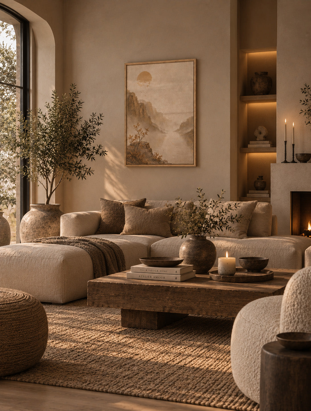 Neutral mountain landscape wall art displayed in a warm minimalist living room