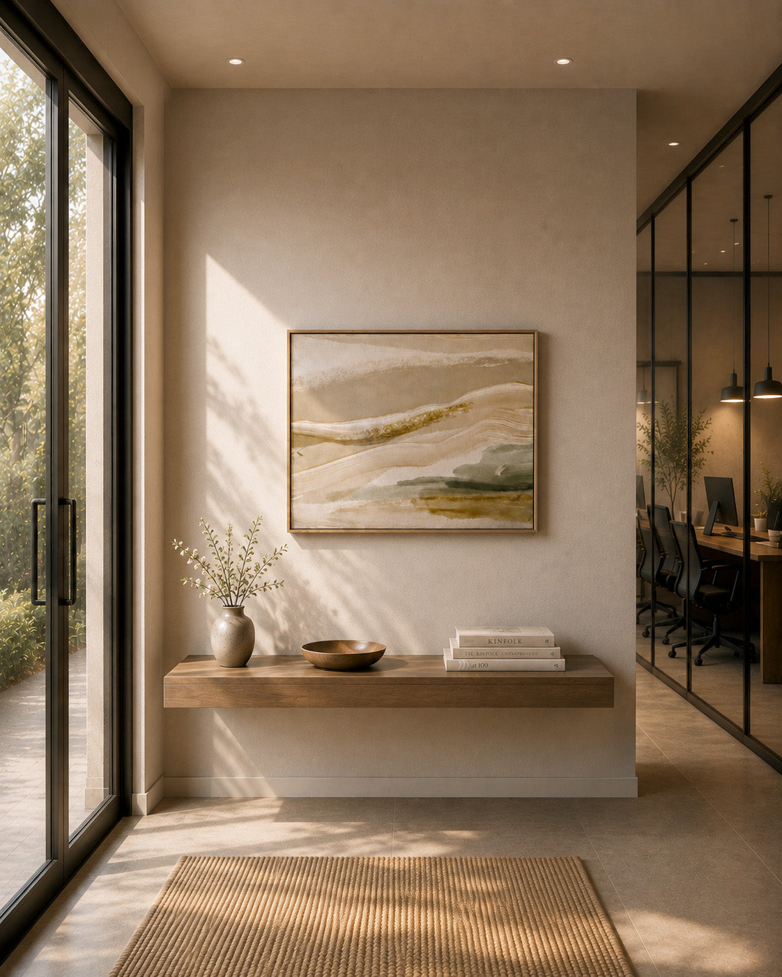 Neutral landscape artwork displayed in a sophisticated modern entryway