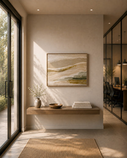 Neutral landscape artwork displayed in a sophisticated modern entryway