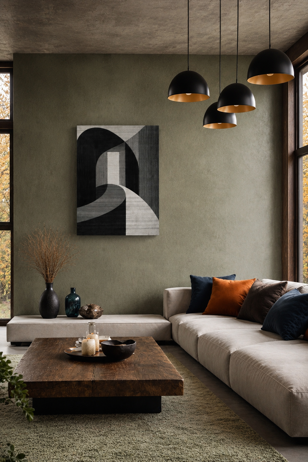 Minimalist black abstract canvas wall art in a contemporary living room with olive green wall and pendant lights