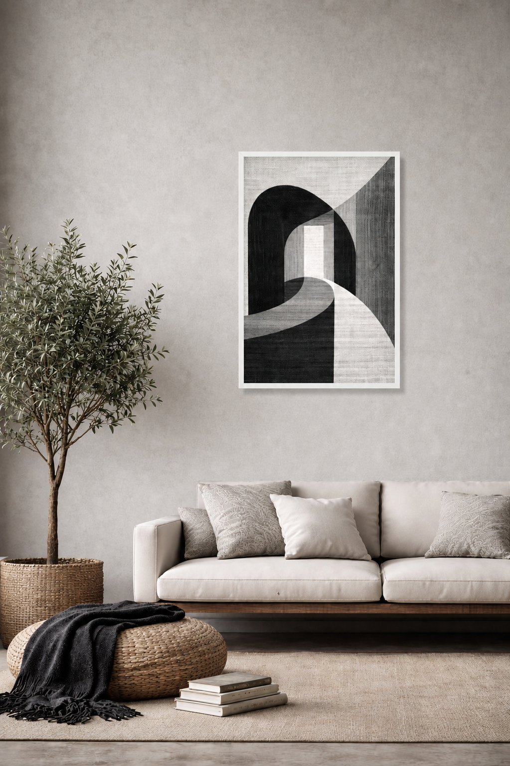 Minimalist abstract wall art print in a realistic white wooden frame styled above a cream sofa in a Scandinavian-inspired living room with neutral decor and natural textures.