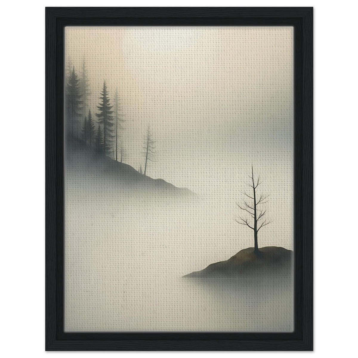 Neutral misty forest landscape with distant pine trees in natural wood frame