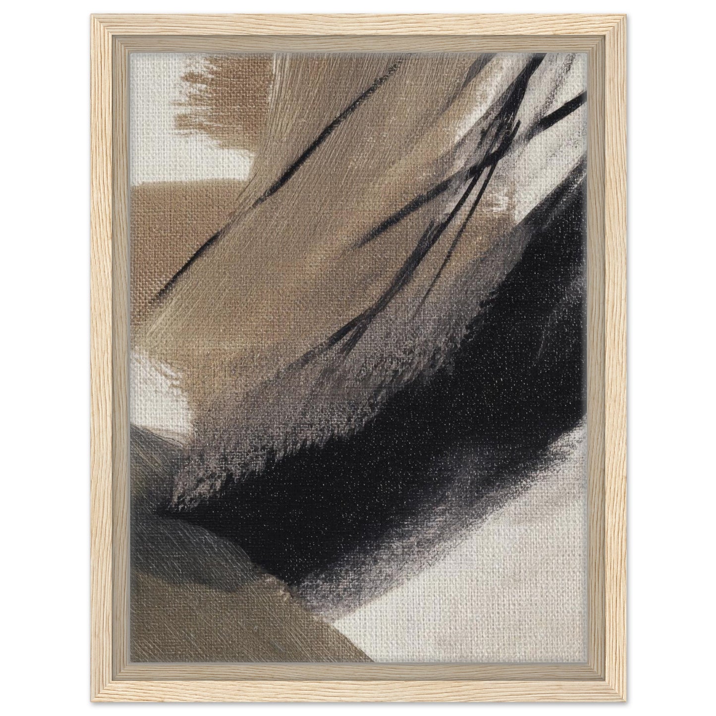 Neutral modern abstract canvas wall art in a natural oak frame