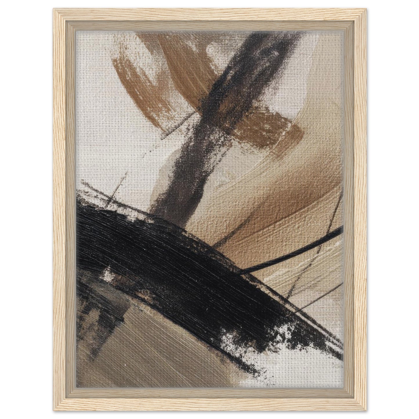 Neutral modern abstract wall art in an oak wood frame