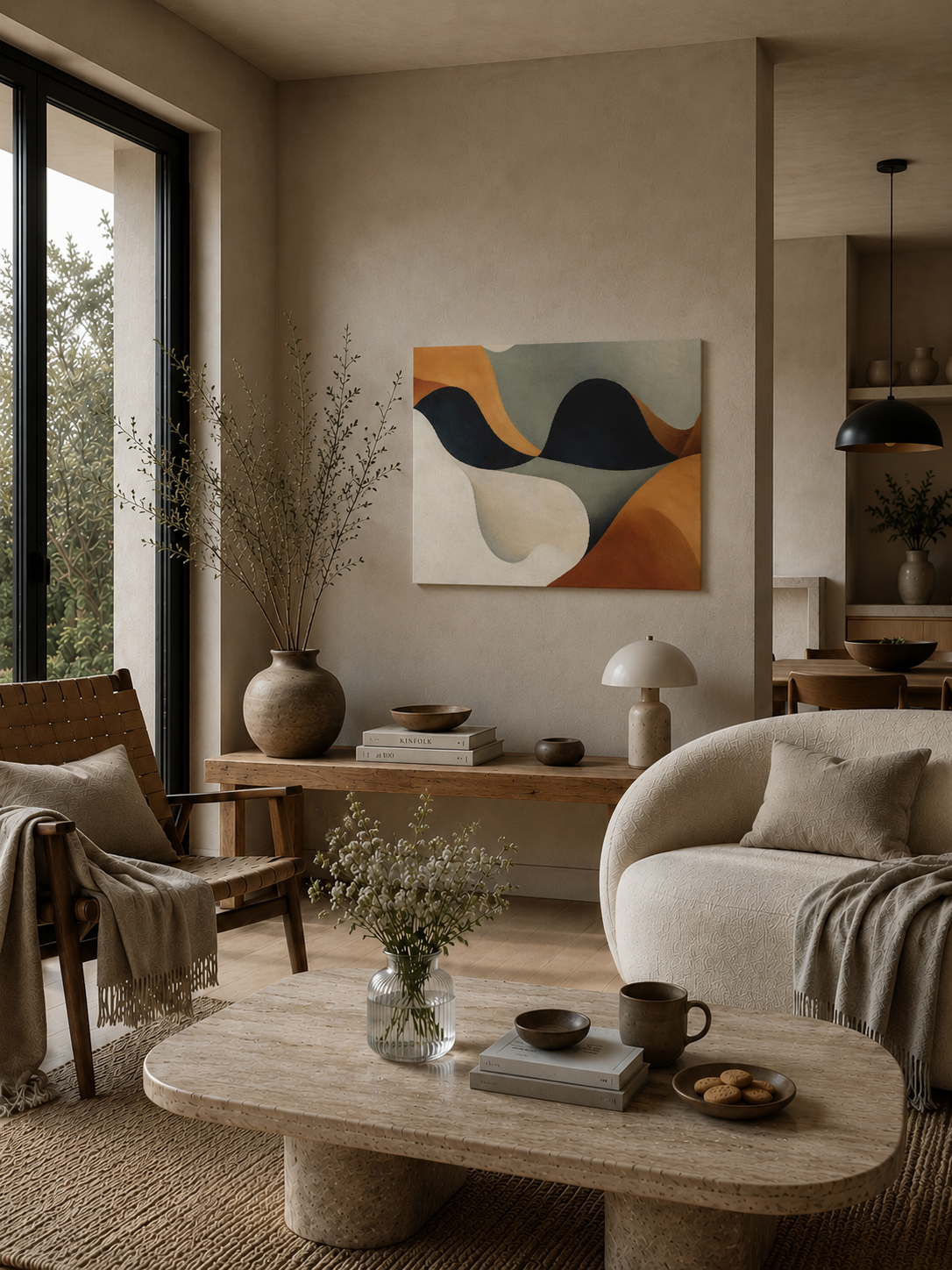 Large abstract canvas wall art in warm neutral living room with modern interior styling