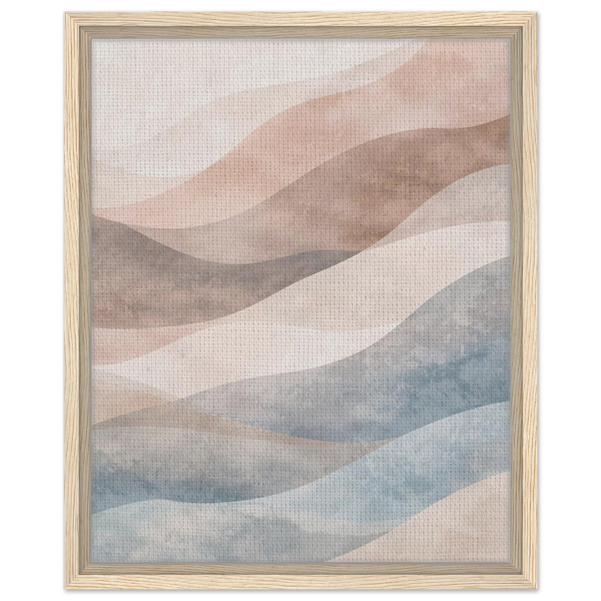 Neutral abstract canvas wall art with blue and blush tones in a dark frame