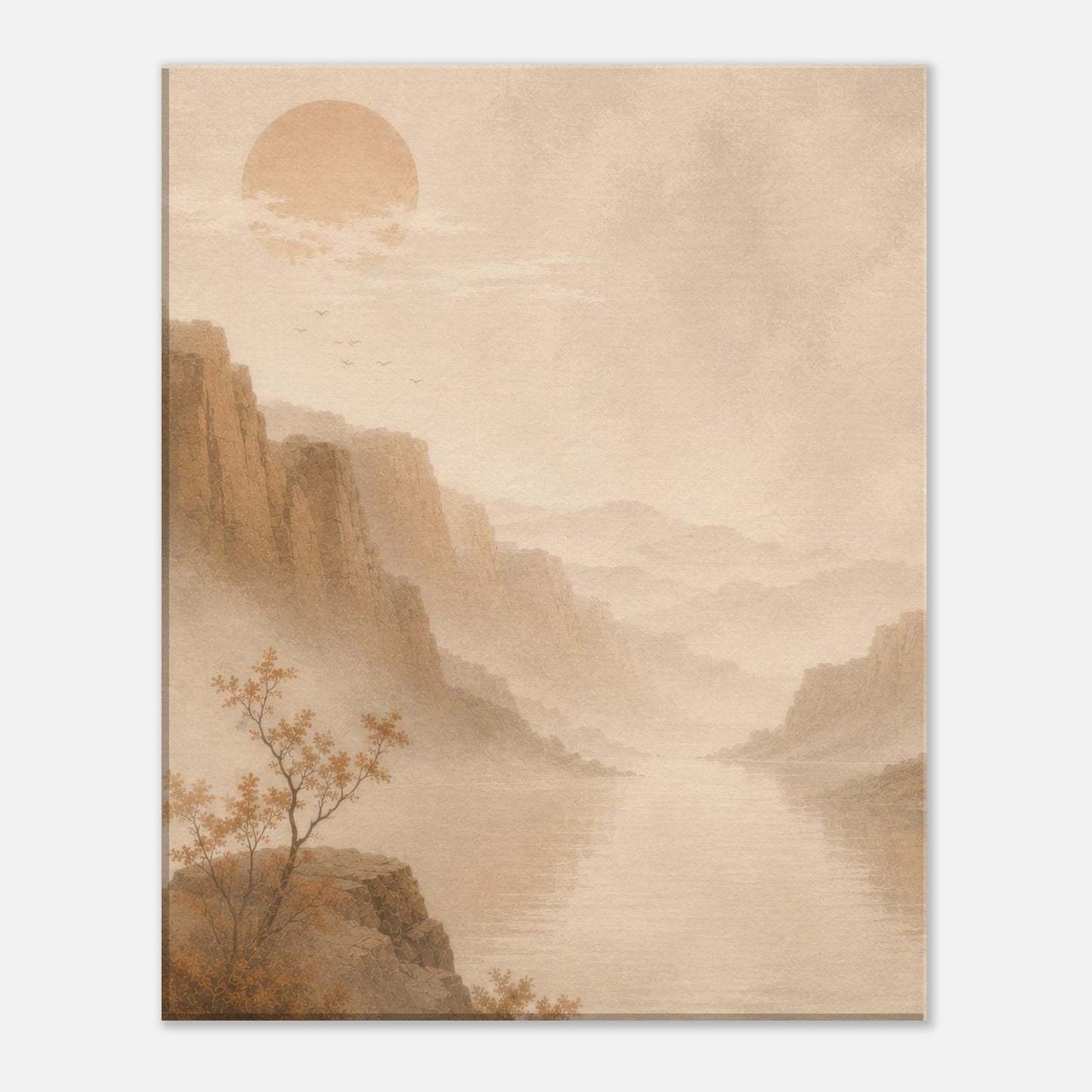 Beige landscape canvas with distant mountains and a peaceful river in warm natural tones.