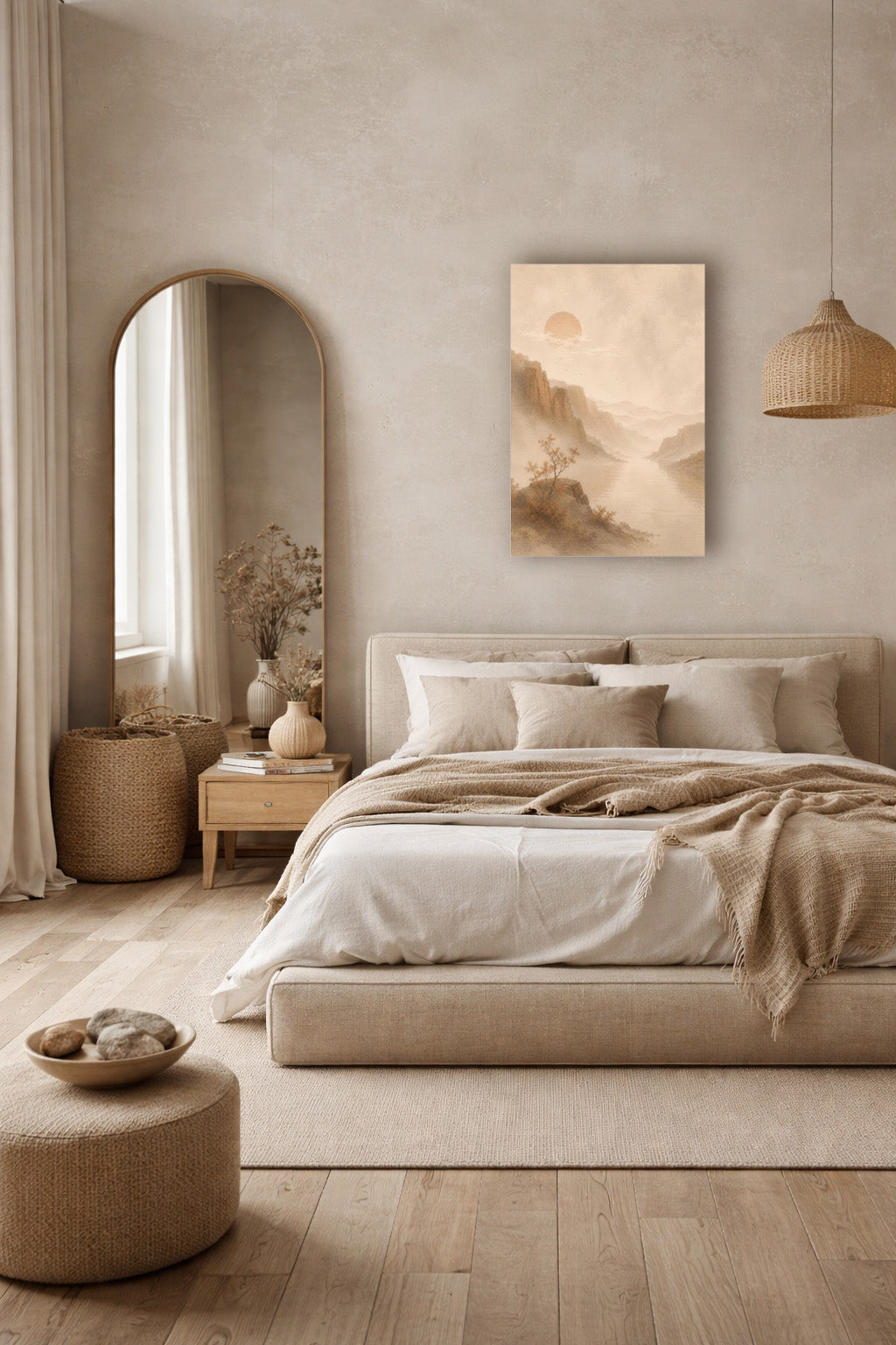 Beige Japanese landscape print styled above a bed in a calm Scandinavian bedroom.