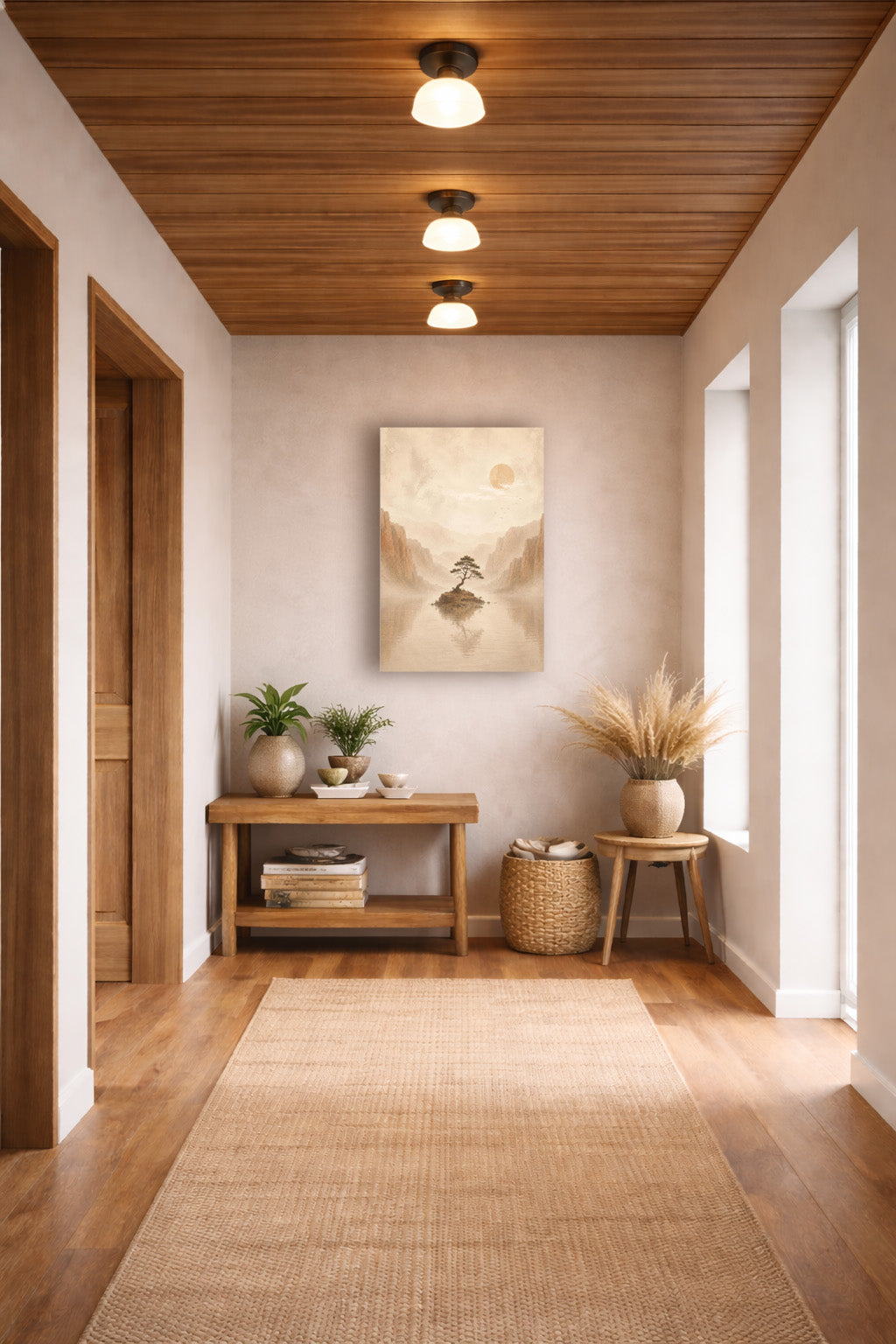 Beige Japanese landscape print styled in a bright Scandinavian hallway with natural wood accents.