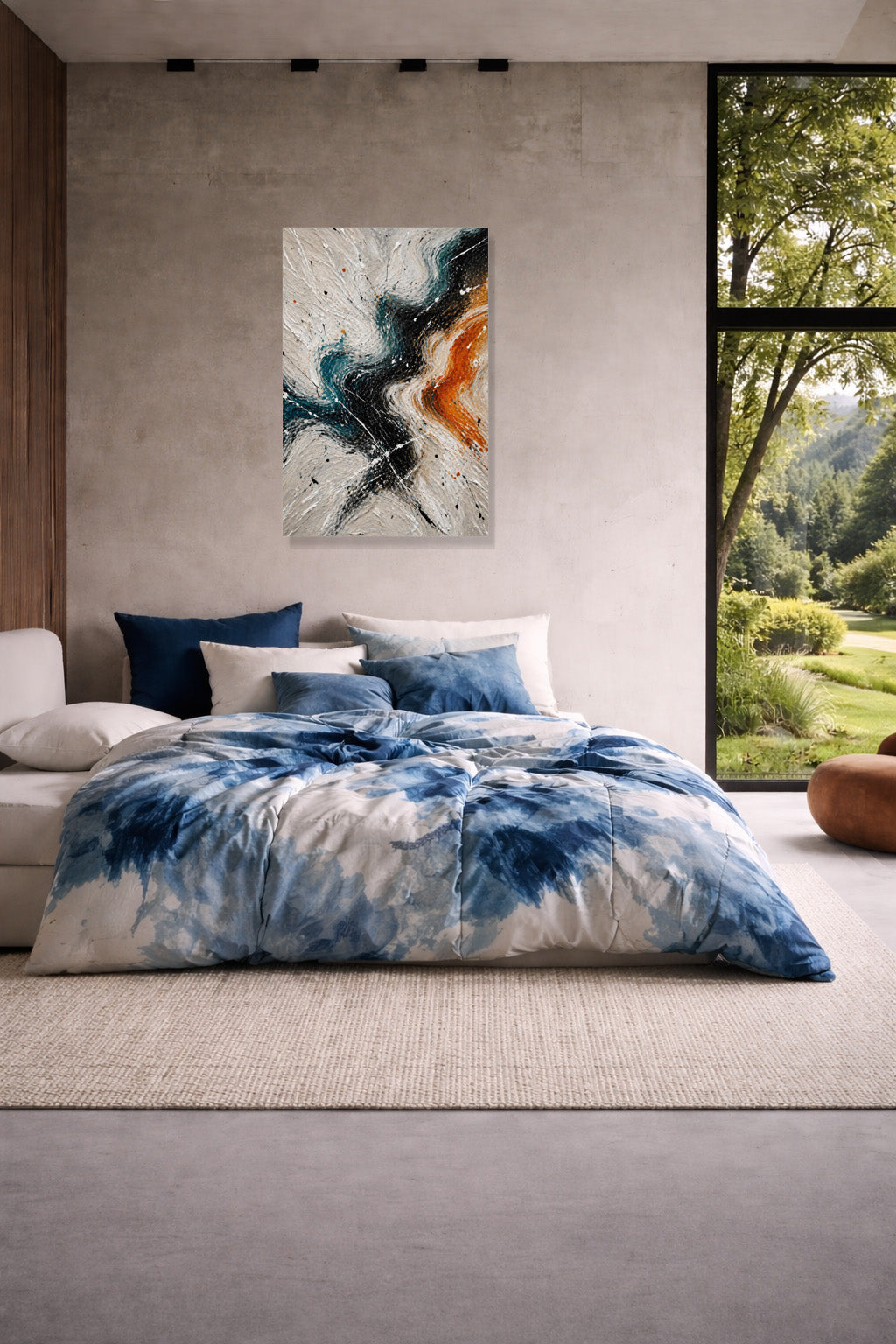 Neutral abstract wall art poster in bedroom interior minimalist modern decor