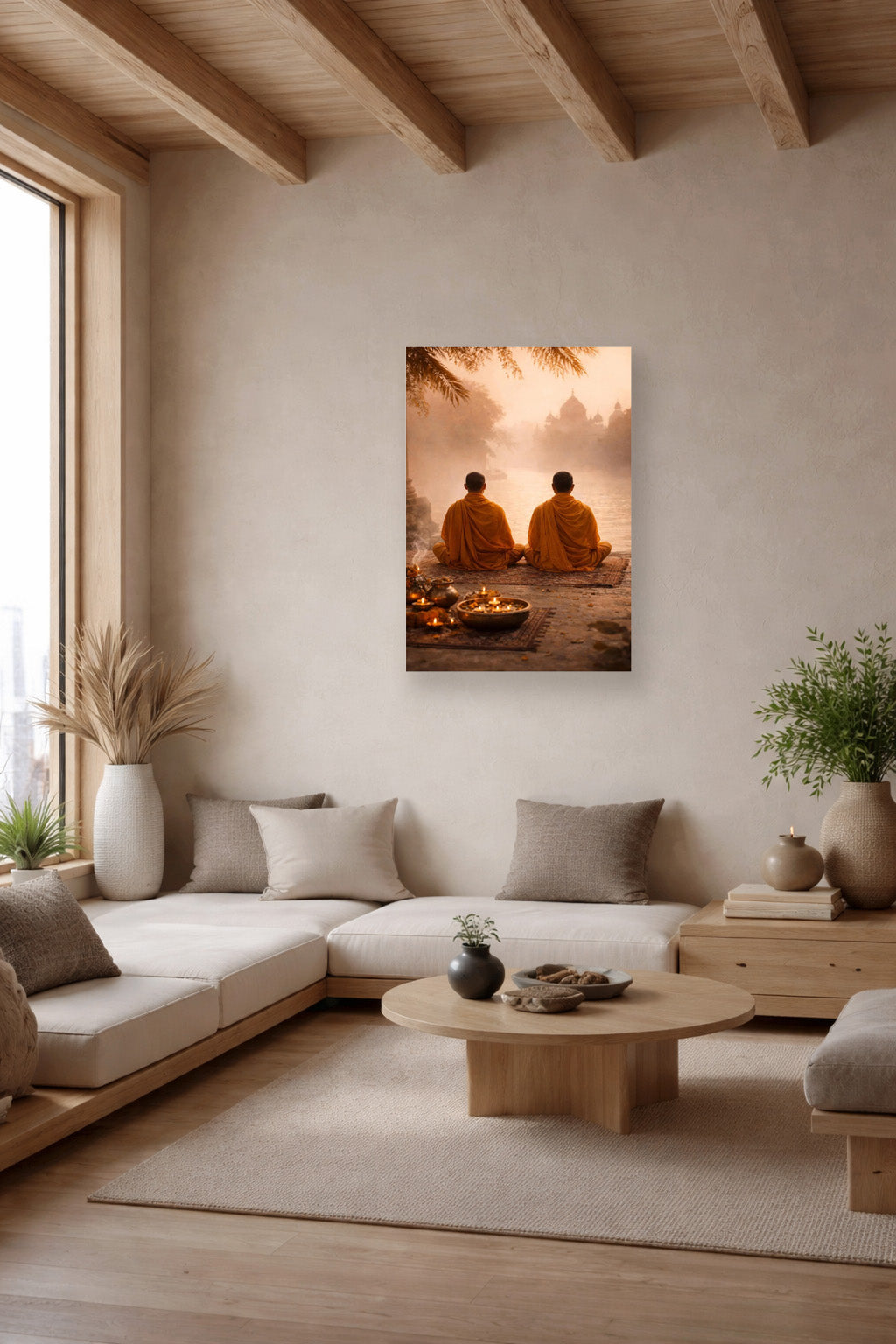 Soft beige meditation living room with low seating, natural textures and monk poster wall art in serene interior.