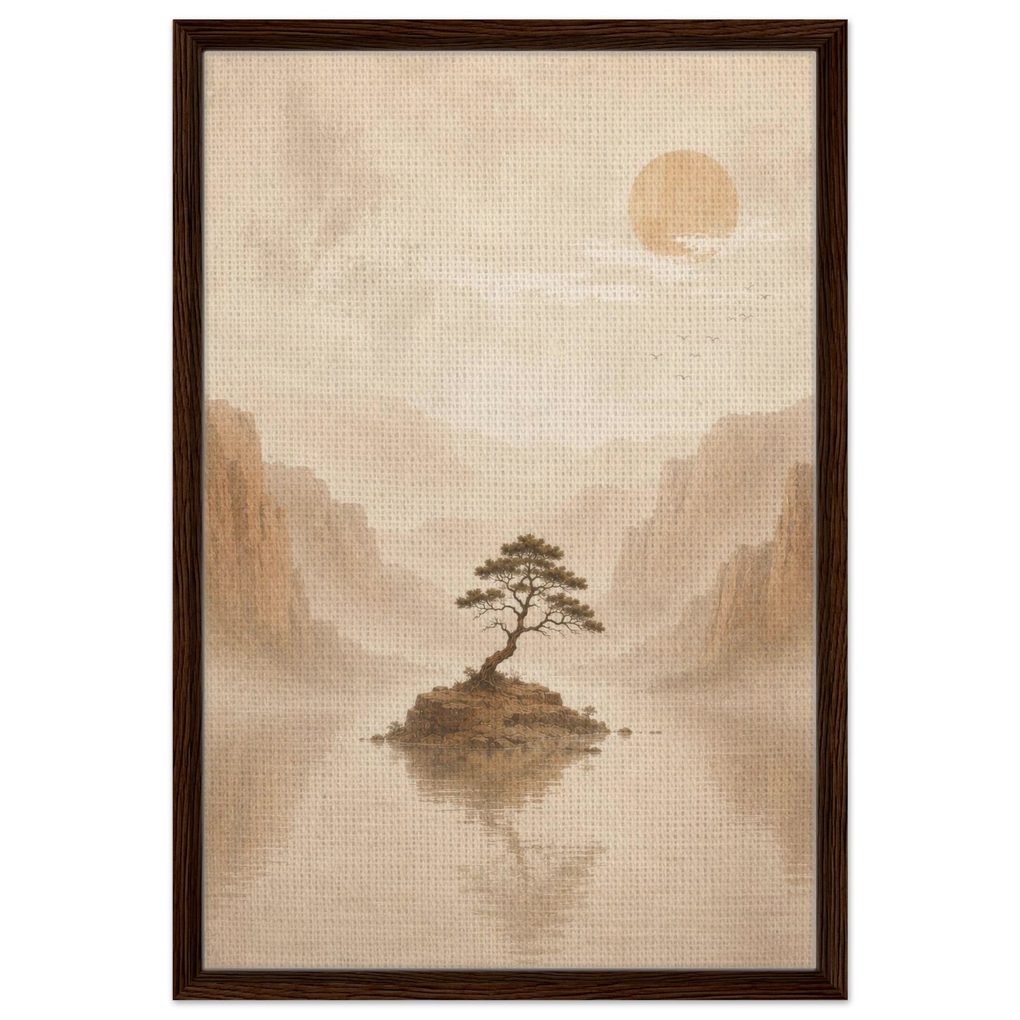 Neutral Zen inspired tree landscape with hazy mountains in natural wood frame