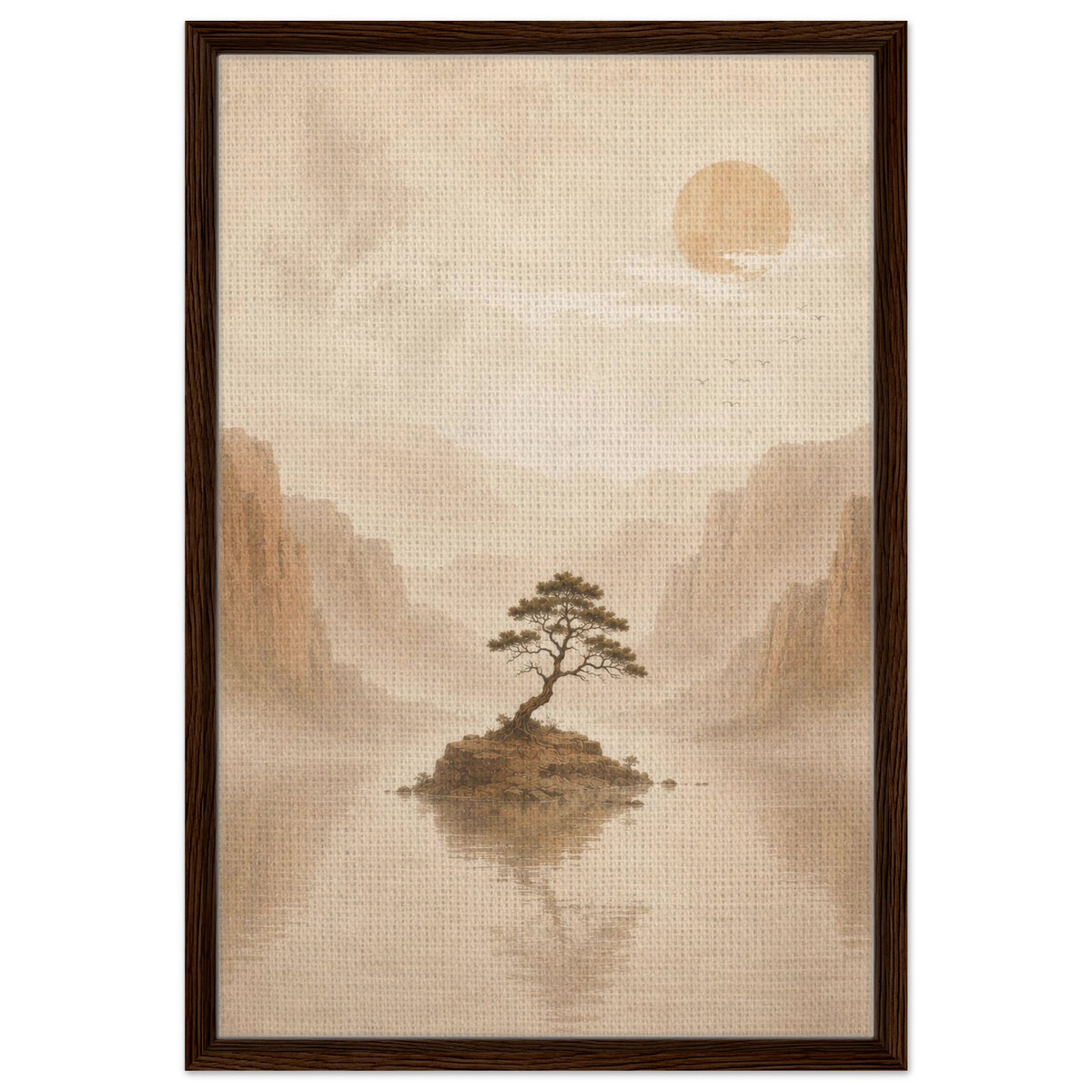 Neutral Zen inspired tree landscape with hazy mountains in natural wood frame