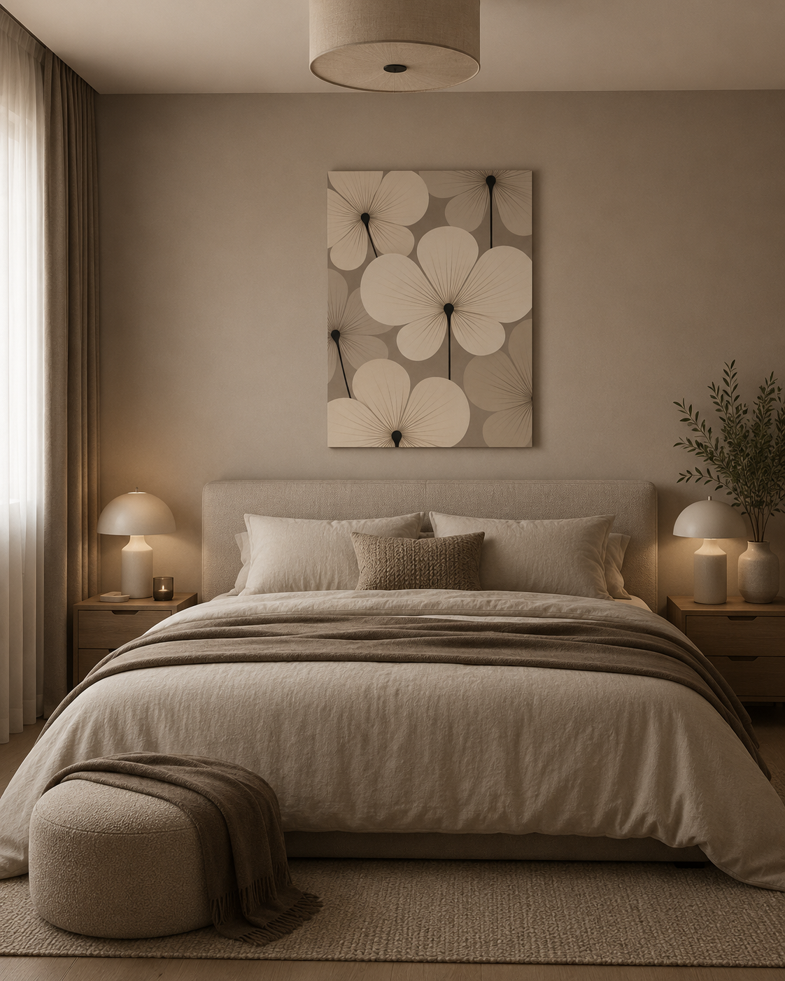 Modern neutral bedroom interior with floral canvas wall art above bed and soft beige decor.