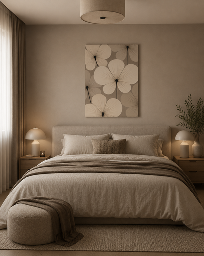 Modern neutral bedroom interior with floral canvas wall art above bed and soft beige decor.