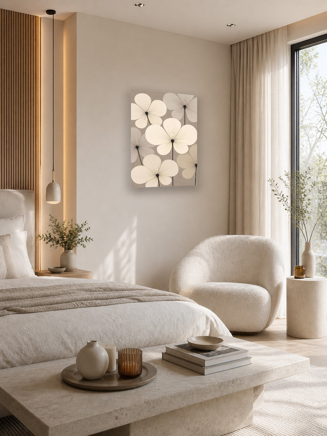 Modern neutral bedroom interior with floral canvas wall art, soft beige decor and minimalist furniture.