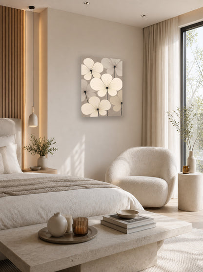 Modern neutral bedroom with soft beige decor and floral wall art poster above the bed