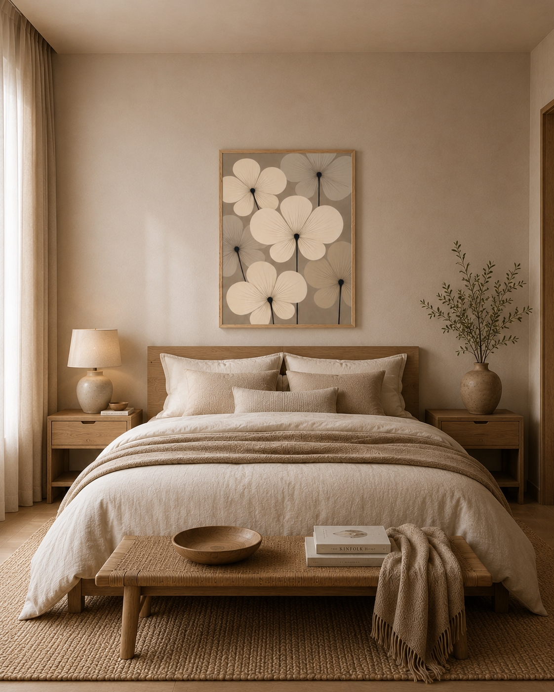 Modern neutral bedroom with wooden framed floral wall art above bed and soft beige interior.
