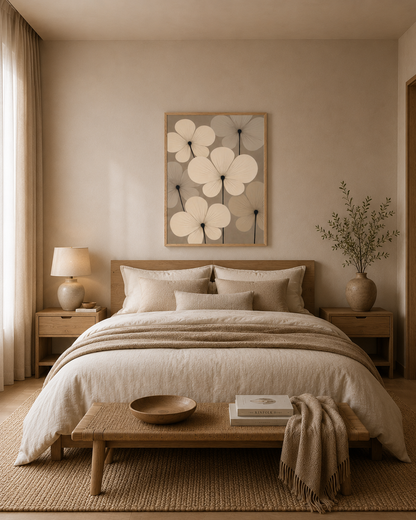 Modern neutral bedroom with wooden framed floral wall art above bed and soft beige interior.