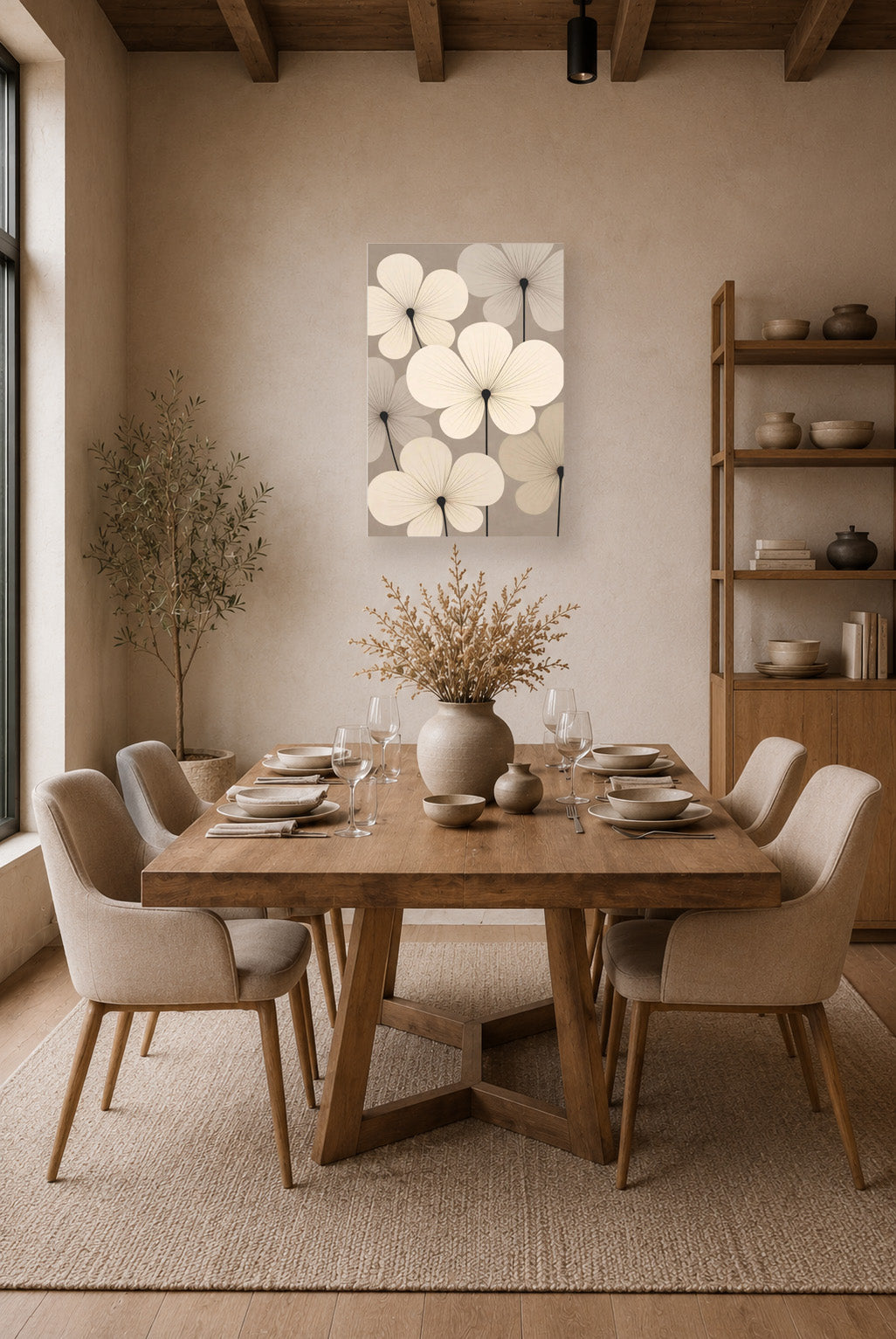 Minimalist dining room with neutral floral canvas wall art, wooden dining table and warm natural interior.