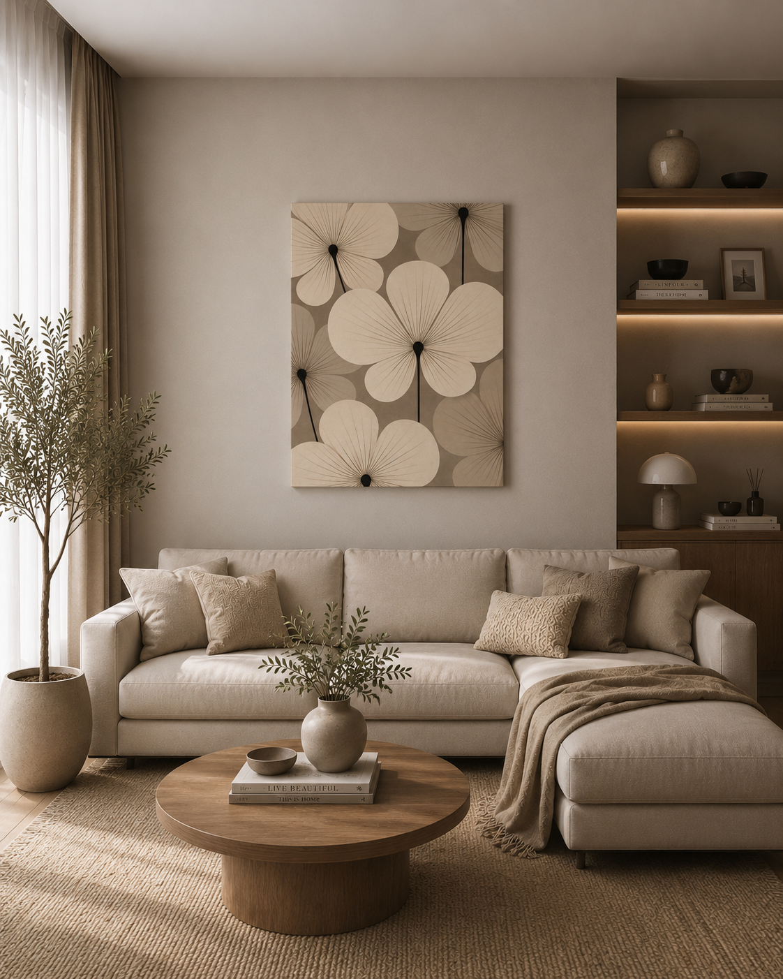Minimalist living room with neutral floral canvas wall art, beige sofa and Scandinavian decor.