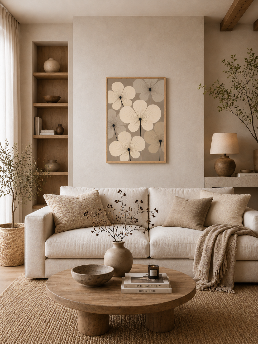 Minimalist living room with neutral floral wall art in wooden frame, beige sofa and warm Scandinavian decor.